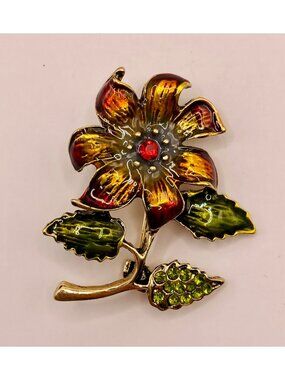 Enamel Flower Brooch Pin Red & Green Rhinestones -111B